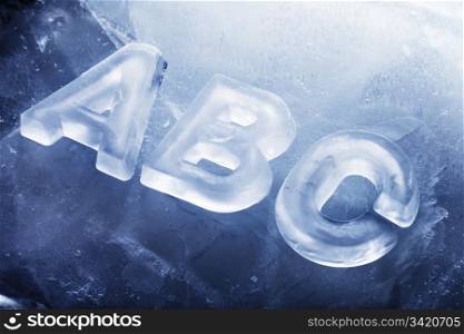 ABC made with real ice letters on ice.