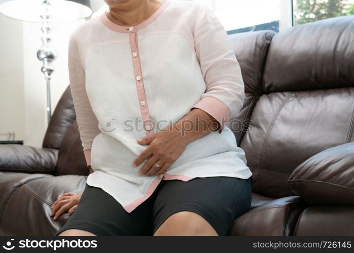 abdominal pain, stomachache, old woman suffering, health problem concept