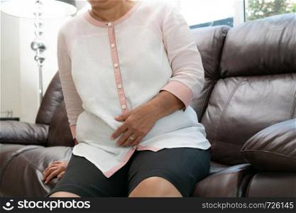 abdominal pain, stomachache, old woman suffering, health problem concept