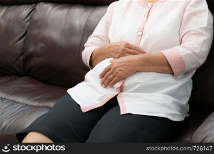 abdominal pain, stomachache, old woman suffering, health problem concept