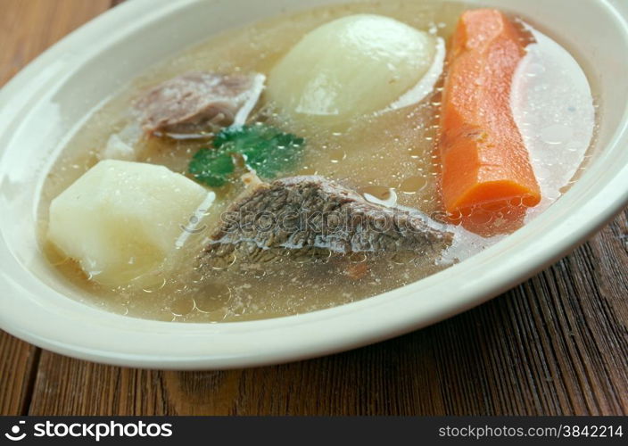 Aberaeron Broth - Welsh-language. broth which consists of bacon, beef, parsnips, cabbage, leeks, carrots