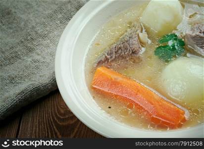 Aberaeron Broth - Welsh-language. broth which consists of bacon, beef, parsnips, cabbage, leeks, carrots