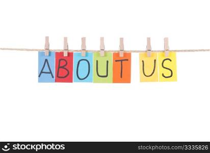 About us, paper words card hang by wooden peg