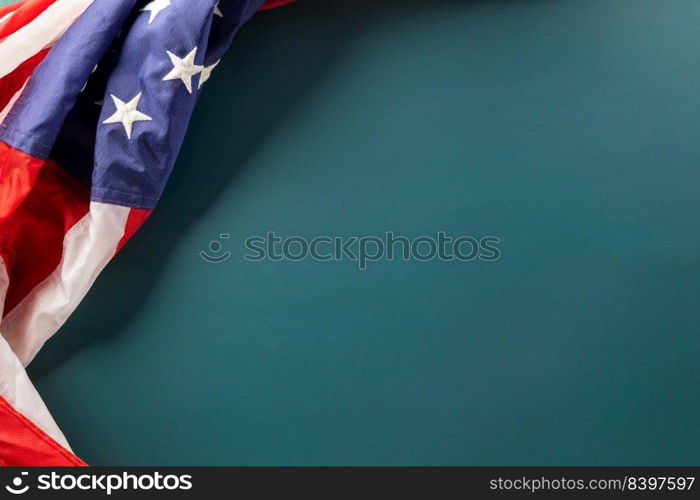 Above flag of United States American with copy space, Presidents Day, Top view USA flag for Memorial day on abstract blue background, Banner template design of presidents day concept