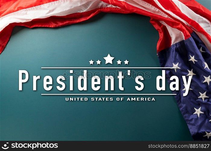 Above flag of United States American with copy space, Presidents Day, Top view USA flag for Memorial day on abstract blue background, Banner template design of presidents day concept
