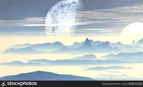Above the mountains, covered with a white luminous mist, a large planet (moon) slowly rotates. Above the horizon is a bright white sun. White clouds are slowly floating along the dark starry sky.