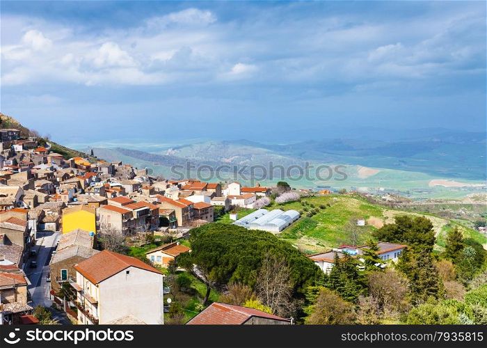 above view of Aidone comune in Sicily in spring, Italy