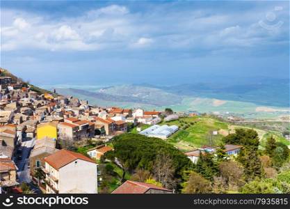 above view of Aidone comune in Sicily in spring, Italy