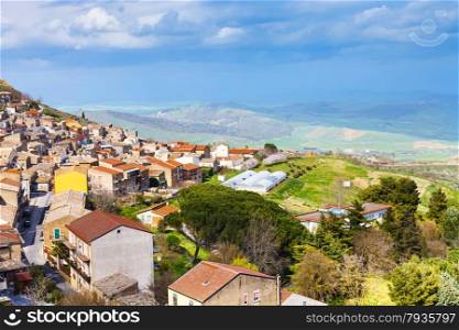 above view of Aidone town in Sicily in spring, Italy