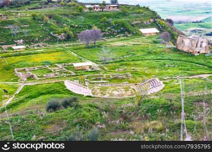 above view of ancient greek theater in Morgantina area, Sicily, Italy