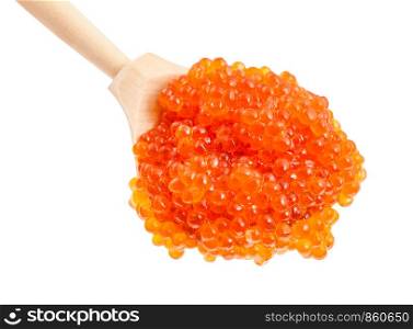 above view of big wooden spoon with salted russian red caviar of pink salmon fish isolated on white background