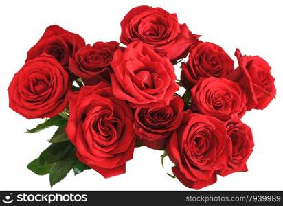 above view of bouquet of red roses isolated on white background
