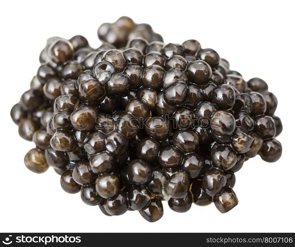 above view of handful black sturgeon caviar isolated on white background