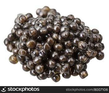 above view of handful black sturgeon caviar isolated on white background