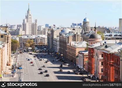 above view of Lubyanskaya and Novaya Square in Moscow in spring day