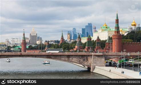 above view of Moscow cityscape with Kremlin from Floating Bridge in Zaryadye park in Moscow city in autumn