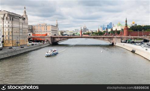 above view of Moscow skyline from Floating Bridge in Zaryadye park in Moscow city in autumn
