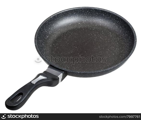 above view of open black frying pan isolated on white background