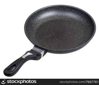 above view of open black frying pan isolated on white background