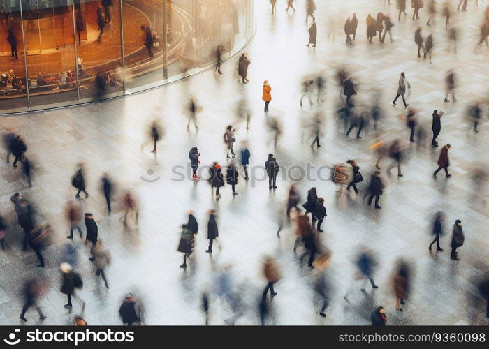 Above view of people walking in motion blur created by generative AI