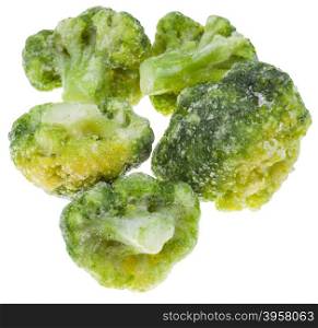 above view of several frozen broccoli isolated on white background