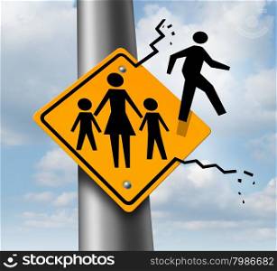 Absent dad or deadbeat father concept as a traffic sign with a mother and two children and a daddy icon breaking out abandoning and leaving the family to avoid child support after a relationship divorce or separation.