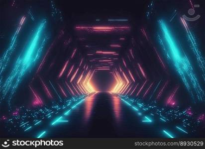 Absract Futuristic Tunnel Tech Background with Neon Glow