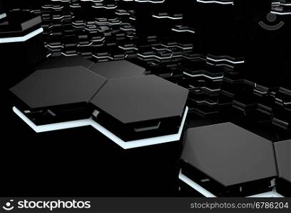 Abstract 3d background of futuristic surface with illuminating black hexagons