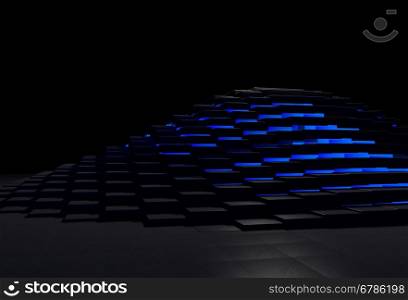 Abstract 3D background with black stone pyramid glowing with blue light