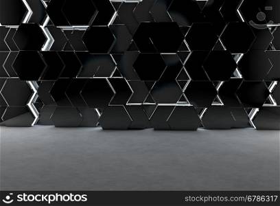 Abstract 3d background with hexagonal glossy wall and concrete floor