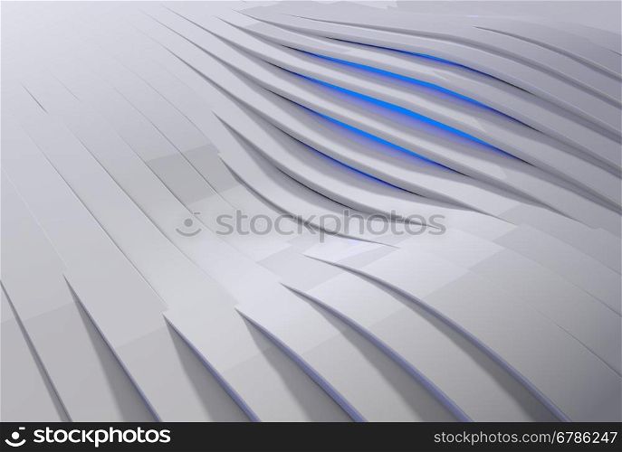Abstract 3D background with white plastic waves and blue light shining through