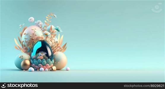 Abstract 3D Easter Eggs and Flowers with a Fairy Tale Theme for Background and Banner