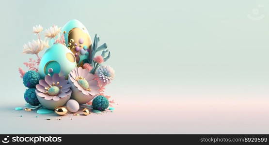 Abstract 3D Easter Eggs and Flowers with a Fantasy Theme for Background and Banner