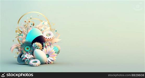 Abstract 3D Easter Eggs and Flowers with a Fantasy Theme for Background and Banner
