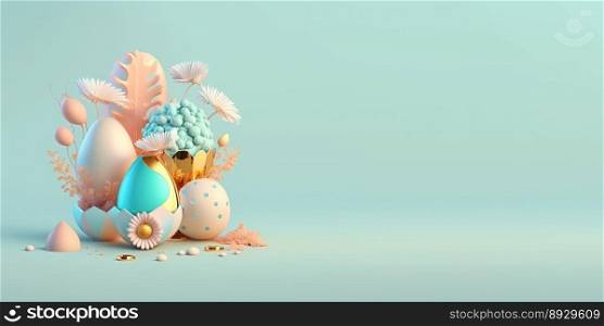 Abstract 3D Easter Eggs and Flowers with a Fantasy Theme for Background and Banner