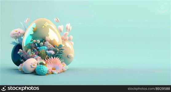 Abstract 3D Easter Eggs and Flowers with a Fantasy Wonderland Theme for Background and Banner