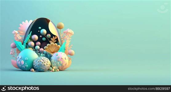 Abstract 3D Easter Eggs and Flowers with a Fantasy Wonderland Theme for Background and Banner