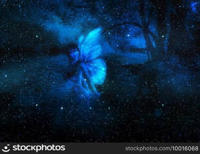 Abstract 3d fairy girl in the night forest with a small river, a fantasy landscape.