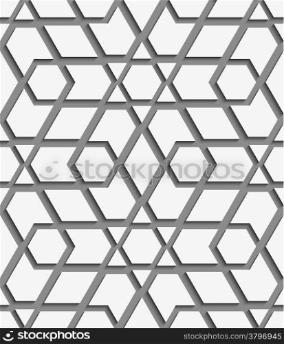 Abstract 3d geometrical seamless background. White geometrical detailed with cut out of paper effect on gray background. &#xA;