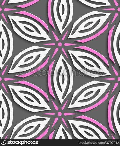 Abstract 3d geometrical seamless background. White geometrical flowers with pink stars on gray with cut out of paper effect.&#xA;