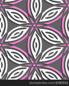Abstract 3d geometrical seamless background. White geometrical flowers with pink stars on gray with cut out of paper effect.&#xA;