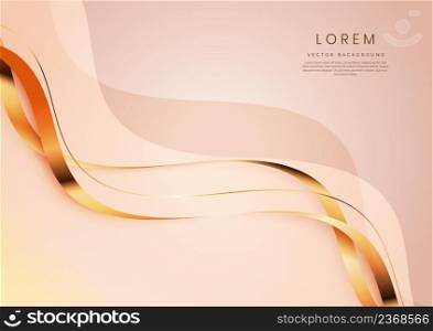 Abstract 3d gold curved ribbon on light cream background with lighting effect and sparkle with copy space for text. Luxury design style. Vector illustration