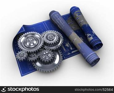 abstract 3d illustration of blueprints and gear wheels, engineering concept