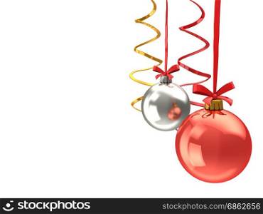 abstract 3d illustration of christmas background with glass balls and ribbons