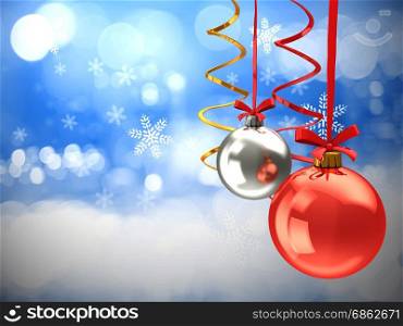 abstract 3d illustration of christmas background with glass balls and ribbons