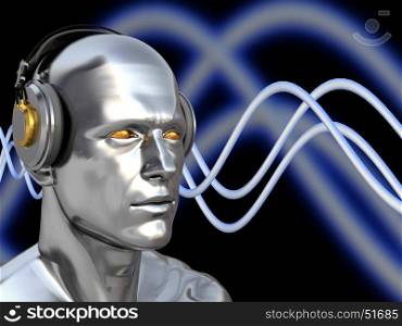 abstract 3d illustration of deejay head over blue waves background