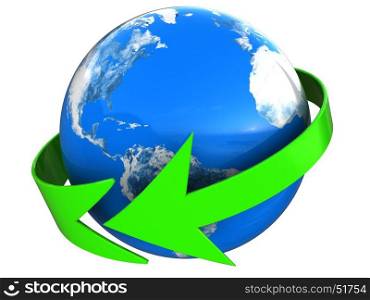 abstract 3d illustration of earth globe and green arrow, isolated over white