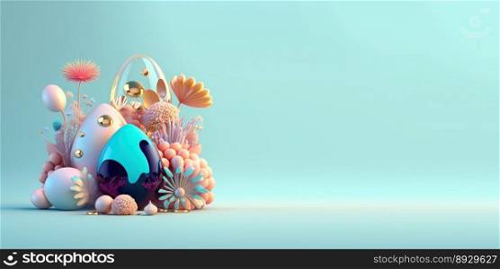 Abstract 3D Illustration of Easter Eggs and Flowers with a Fairy Tale Theme for Background and Banner