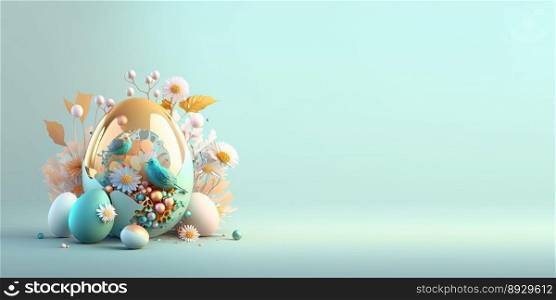 Abstract 3D Illustration of Easter Eggs and Flowers with a Fairytale Wonderland Theme for Background and Banner