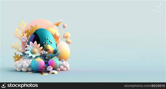 Abstract 3D Illustration of Easter Eggs and Flowers with a Fairytale Wonderland Theme for Background and Banner